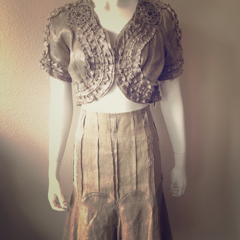 CHARLES CHANG-LIMA LINEN BOLERO JKT & SKIRT SZ 8